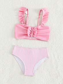 Young Girl Striped Ruffle Trim Bow Front Bikini Set Summer Beach - Pink - View 5