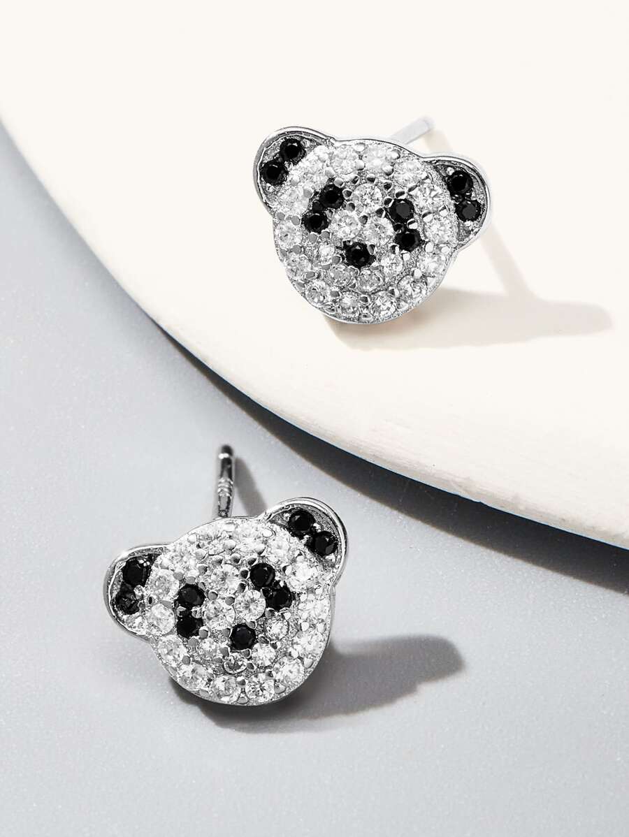 方晶鋯石貓熊銀耳釘 - 銀色 - 查看 1