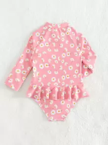 SHEIN Baby Girl Floral Print Raglan Sleeve Peplum One Piece Swimsuit - Pink - View 2