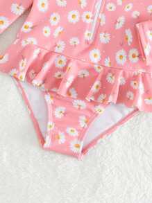 SHEIN Baby Girl Floral Print Raglan Sleeve Peplum One Piece Swimsuit - Pink - View 4