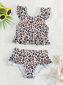 Conjunto de bikini con volantes estampado de leopardo para niña joven, para la playa de verano - Multicolor - Ver 1