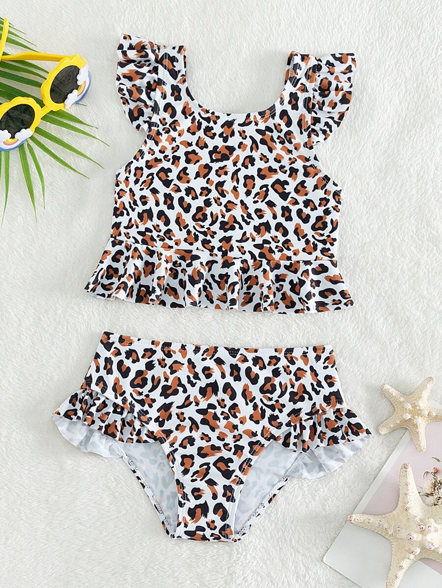 Conjunto de bikini con volantes estampado de leopardo para niña joven, para la playa de verano - Multicolor - Ver 1