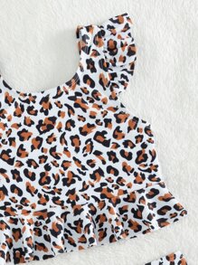 Conjunto de bikini con volantes estampado de leopardo para niña joven, para la playa de verano - Multicolor - Ver 4