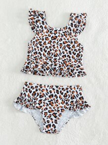 Conjunto de bikini con volantes estampado de leopardo para niña joven, para la playa de verano - Multicolor - Ver 5