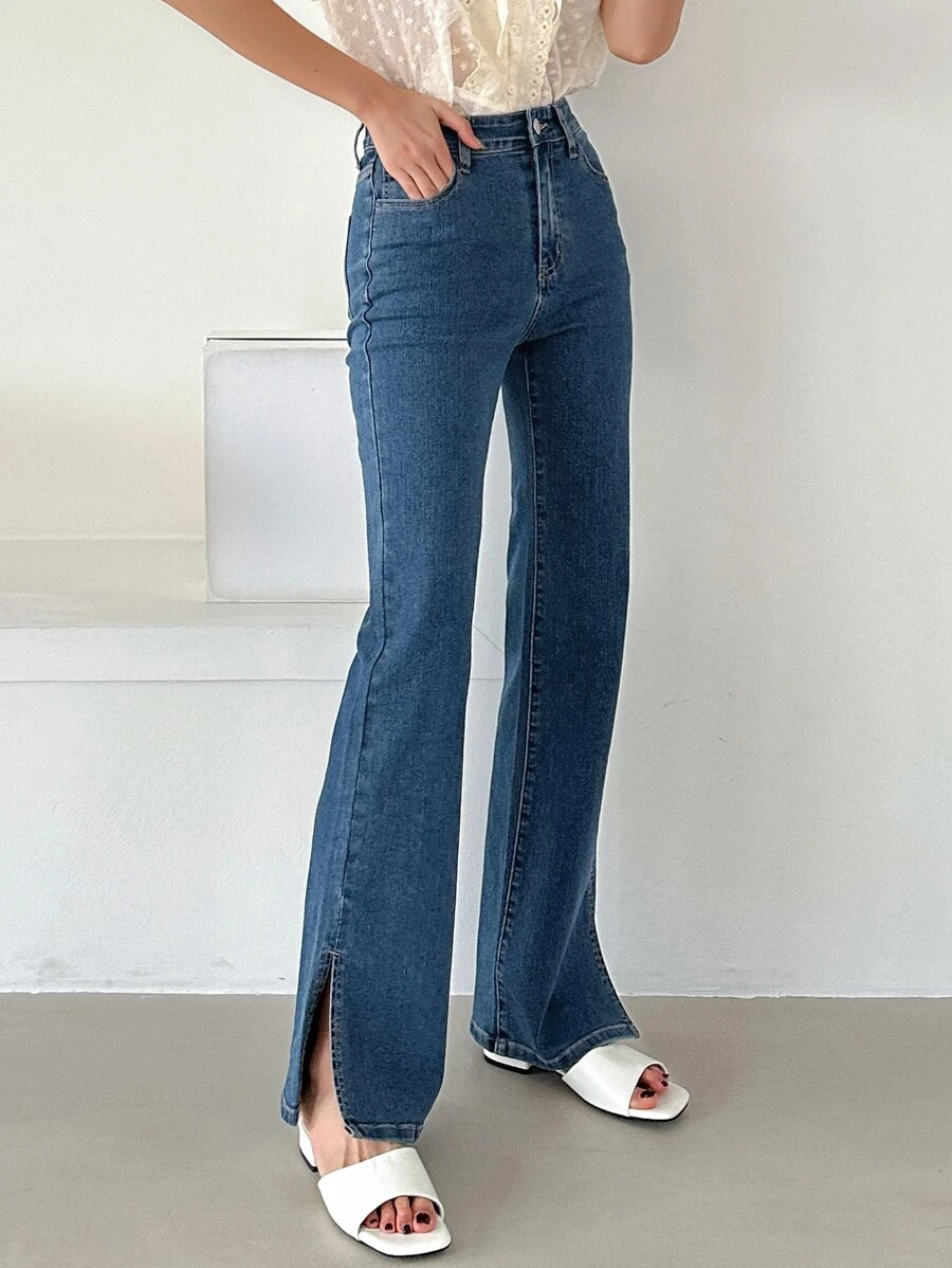 DAZY Split Hem Flare Leg Jeans Low Rise Jeans - Medium Wash - View 1