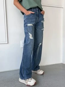 DAZY 破洞直筒牛仔褲 - 中等水洗藍 - 查看 1