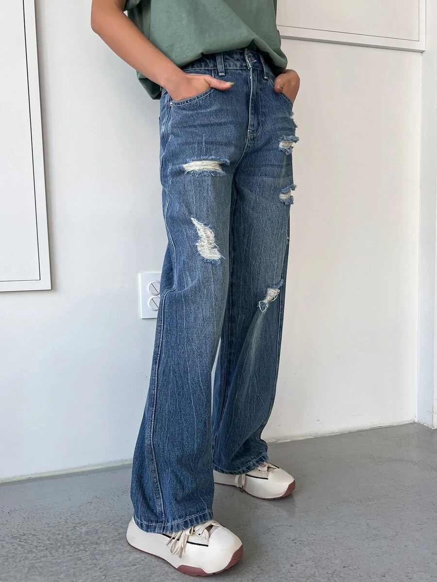DAZY 破洞直筒牛仔褲 - 中等水洗藍 - 查看 1