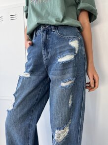 DAZY 破洞直筒牛仔褲 - 中等水洗藍 - 查看 2