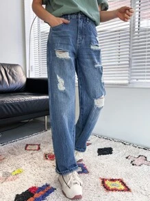 DAZY 破洞直筒牛仔褲 - 中等水洗藍 - 查看 3