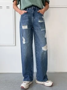 DAZY 破洞直筒牛仔褲 - 中等水洗藍 - 查看 6