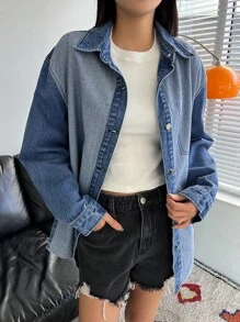 DAZY Drop Shoulder Denim Shirt - Medium Wash - View 2