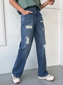 DAZY 破洞直筒牛仔褲 - 中等水洗藍 - 查看 8