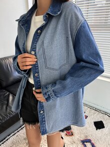 DAZY Drop Shoulder Denim Shirt - Medium Wash - View 3