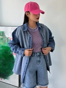 DAZY Drop Shoulder Denim Shirt - Medium Wash - View 7