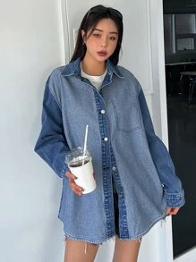 DAZY Drop Shoulder Denim Shirt - Medium Wash - View 4