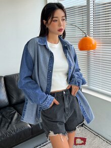 DAZY Drop Shoulder Denim Shirt - Medium Wash - View 1