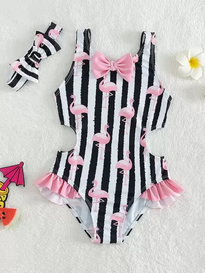 SHEIN 少女條紋＆火烈鳥印花一件式泳裝,附配件髮帶