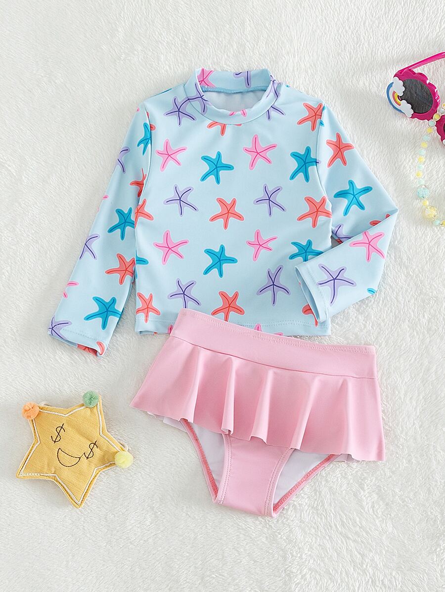 Bebé Bañador con estampado de estrella de mar de cuello cisne bajo con fruncido - Multicolor - Ver 1