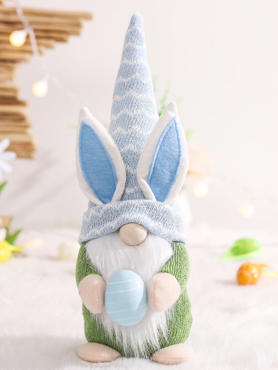 1入復活節兔子捧著彩色蛋的娃娃裝飾品,卡通兔耳朵和沒有臉的老人娃娃創意桌面裝飾,節日裝飾禮物 - 彩色 - 查看 1