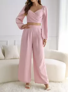 Mulvari 燈籠袖後背打褶短款上衣和褲子套裝 - 淺粉色 - 查看 5