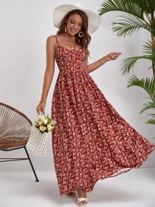 SHEIN VCAY Ditsy Floral Print Cami Dress - Red and White - View 3