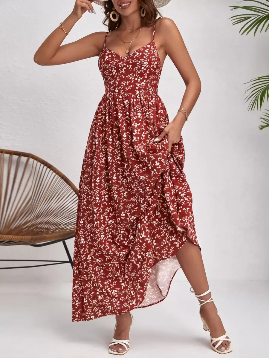 SHEIN VCAY Ditsy Floral Print Cami Dress - Red and White - View 1