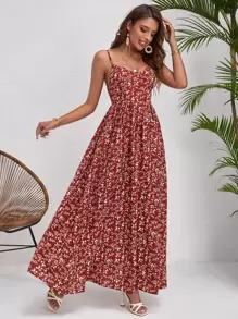 SHEIN VCAY Ditsy Floral Print Cami Dress - Red and White - View 6