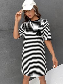 SHEIN EZwear 字母貼布條紋印花落肩T恤連衣裙 - 黑與白 - 查看 4