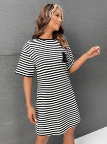 SHEIN EZwear 字母貼布條紋印花落肩T恤連衣裙 - 黑與白 - 查看 7