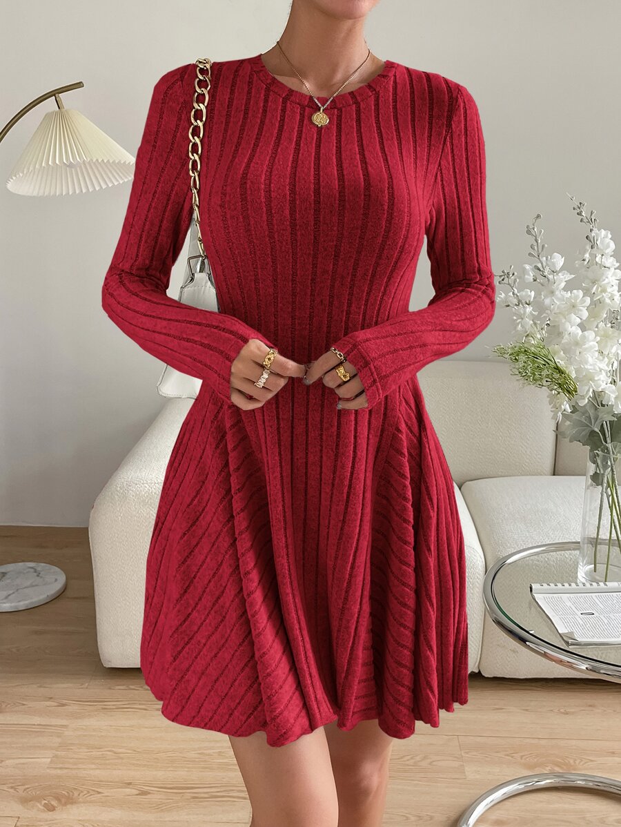 SHEIN Essnce Rib Knit Flare Hem Dress - Red - View 1