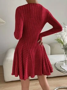 SHEIN Essnce Rib Knit Flare Hem Dress - Red - View 2