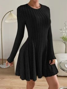 SHEIN Essnce 螺紋針織喇叭下擺洋裝 - 黑色 - 查看 5