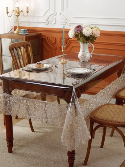 1pc Transparent Lace Edged Tablecloth, Modern PVC Rectangle Waterproof Oilproof Dustproof Tabletop Cover, Suitable For Dining Table, Coffee Table, Daily Home Decor And Events, Parties, Weddings