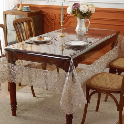 1 Stück transparente Spitzen-Tischdecke, moderne PVC rechteckige wasserdichte, öl- und staubfeste Tischdecke, geeignet für Esstisch, Couchtisch, tägliche Heimdekoration, Veranstaltungen, Partys, Hochzeiten