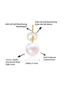1對6.5-7mm人工培養珍珠極簡耳釘適合女士S925純銀黃金顏色精細首飾類日常穿著禮物