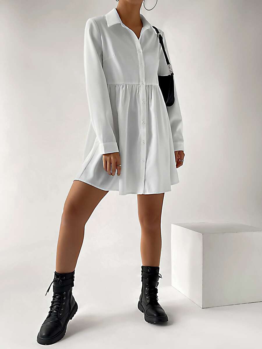SHEIN EZwear 素色前紐扣襯衫洋裝 - 白色 - 查看 1