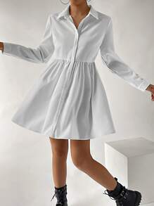 SHEIN EZwear 素色前紐扣襯衫洋裝 - 白色 - 查看 4