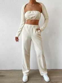 SHEIN EZwear 素色短款抹胸上衣和聳肩上衣和斜口袋長褲