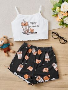 SHEIN Tween Girl Cartoon & Slogan Graphic Lettuce Trim PJ Set - Multicolor - View 1