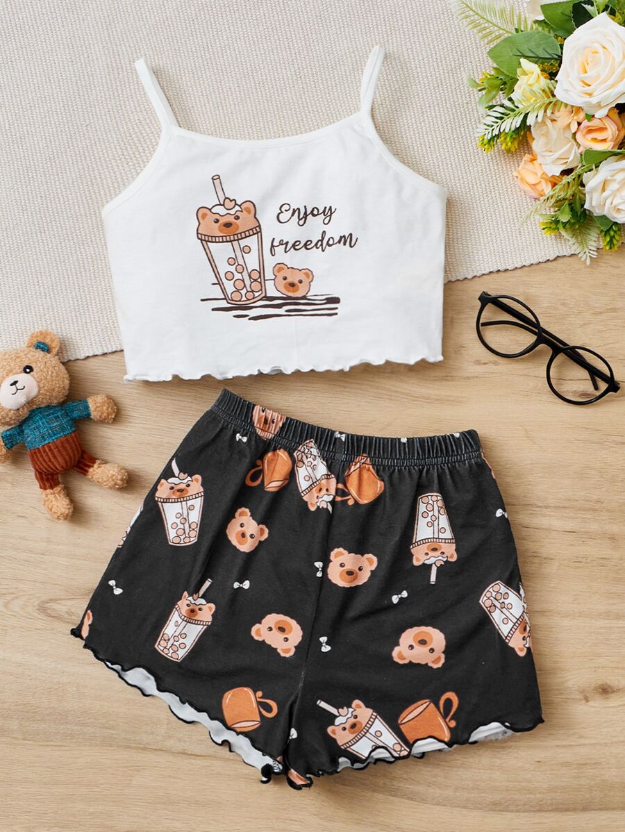 SHEIN Tween Girl Cartoon & Slogan Graphic Lettuce Trim PJ Set - Multicolor - View 1