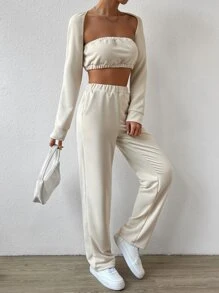 SHEIN EZwear 素色短款抹胸上衣和聳肩上衣和斜口袋長褲