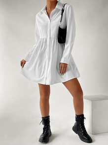 SHEIN EZwear 素色前紐扣襯衫洋裝 - 白色 - 查看 6