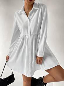 SHEIN EZwear 素色前紐扣襯衫洋裝 - 白色 - 查看 7