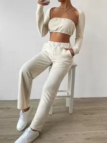 SHEIN EZwear 素色短款抹胸上衣和聳肩上衣和斜口袋長褲
