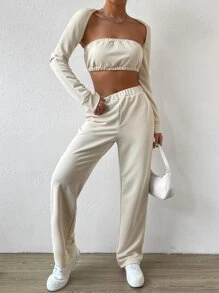 SHEIN EZwear 素色短款抹胸上衣和聳肩上衣和斜口袋長褲