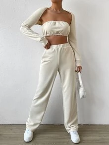 SHEIN EZwear 素色短款抹胸上衣和聳肩上衣和斜口袋長褲