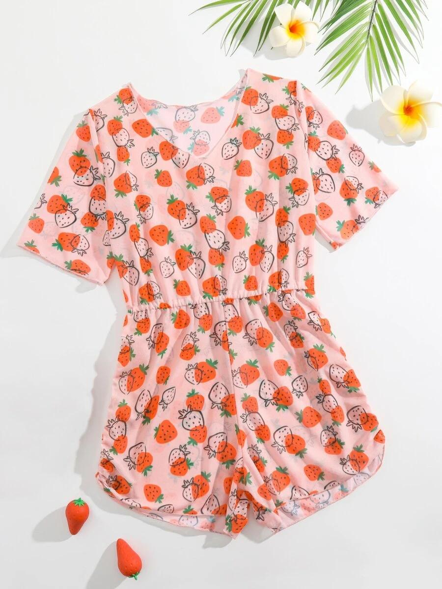 Girls Strawberry Print Cover Up Romper - Coral Pink - View 1