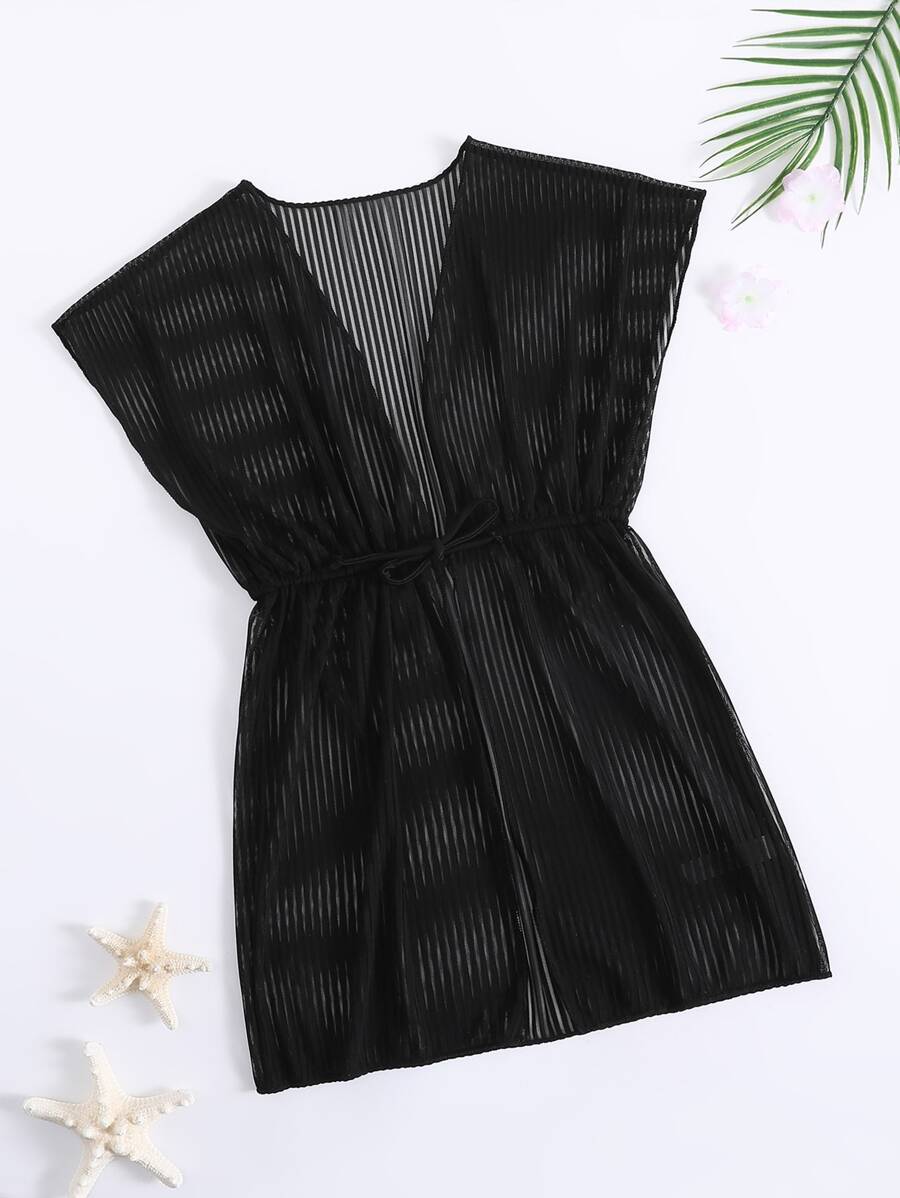 Girls Drawstring Waist Kimono - Black - View 1