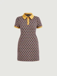 SHEIN MOD Allover Print Contrast Collar Dress - Multicolor - View 1