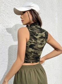 SHEIN EZwear Áo hai dây Lá thư Ngụy trang Giải trí - xanh quân đội - Xem 2